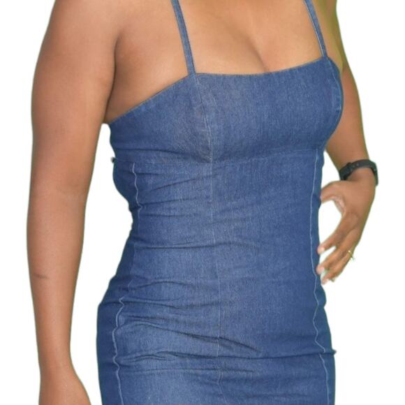 Vintage Guess Denim Dress Blue Jean Bodycon Pencil Halter Back Ties Size Small - Picture 4 of 15